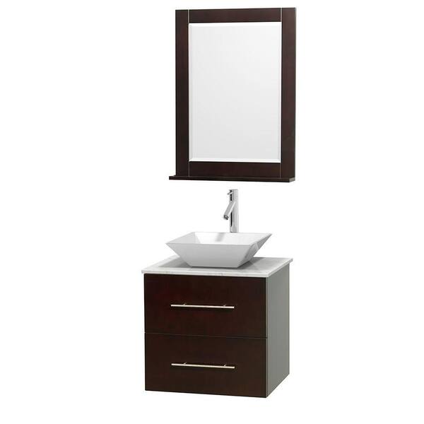Wyndham Collection Centra 24 in. Vanity in Espresso with Marble Vanity Top in Carrara White, Porcelain Sink and 24 in. Mirror