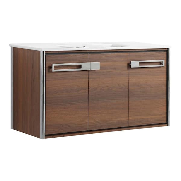 FINE FIXTURES Oakville 42 in. W x 18 in. D x 23.25 in. H Wall Mounted Bathroom Vanity in Brown with White Ceramic Sink Top