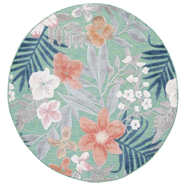 Cabana Green/Rust 5 ft. x 5 ft. Round Multi-Floral Striped Indoor/Outdoor Area Rug