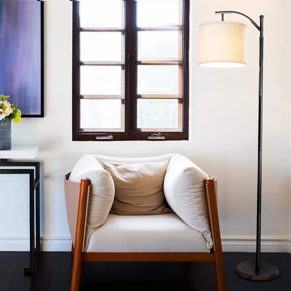 Classic Black Arc LED Floor Lamp with Tan Drum Shade