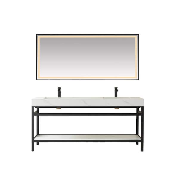 ROSWELL Funes 72 in. W x 22 in. D x 34 in. H Double Sink Bath Vanity in Matt Black with White Natural Stone Top and Mirror