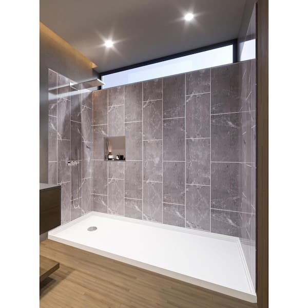 NuVo Platinum Grey 60-in x 32-in x 83-in 7 Pieces Alcove Shower Kit With Glue Up Shower Wall and Shower Pan Left Drain