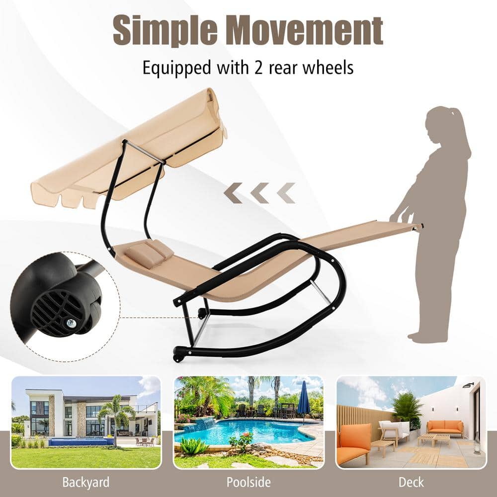 Beige Metal Outdoor Rocking Chaise Lounge with Adjustable Canopy