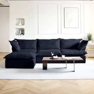 123 in. Overstuffed Linen Flannel Modular 3-Seat 30% Down Filled Sofa Free Combination Sectional with Ottoman, Black
