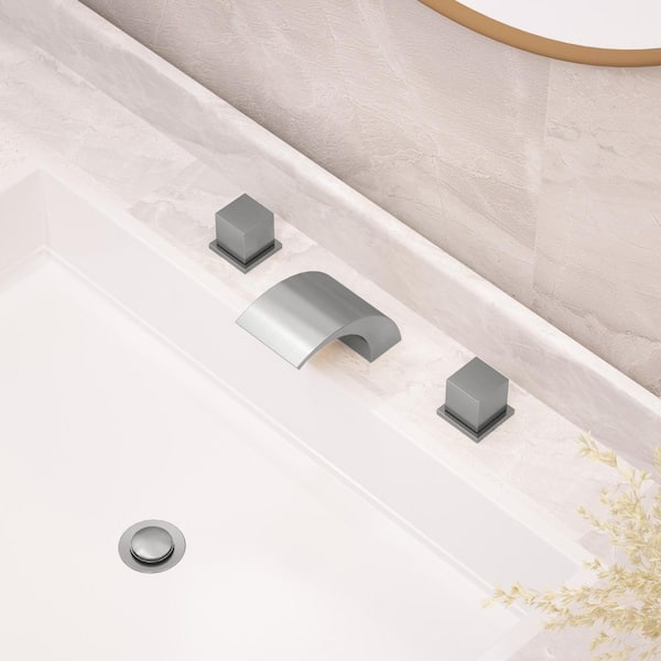Modern Widespread 2-Handle Waterfall Bathroom Sink Faucet 3-Hole with Pop-Up Drain in Brushed Nickel