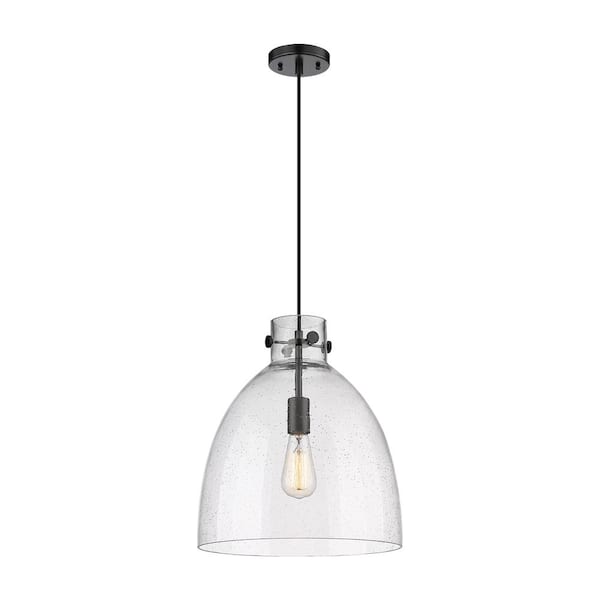 Newton Bell 100-Watt 1-Light Matte Black Shaded Mini Pendant Light with Seeded Glass Shade