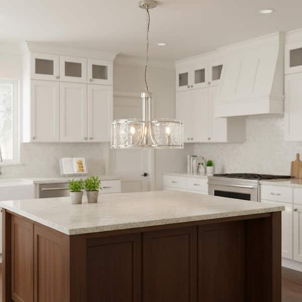 5-Light Brushed Nickel Drum Modern Glass Pendant Light, Elegant Chandelier Ceiling Light for Dining Room and Living Room