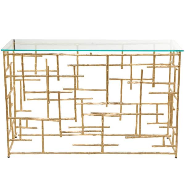 51 in. Gold Extra Large Rectangle Aluminum Grid Style Frame Geometric Console Table with Clear Glass Top