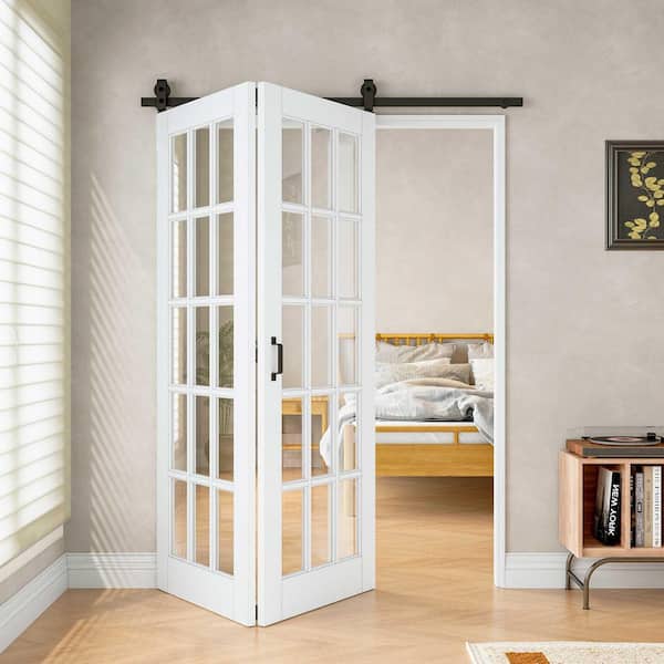 60 in. x 80 in. 15-Lite Tempered Clear Glass White Primed MDF Bifold Sliding Barn Door with Hardware Kit