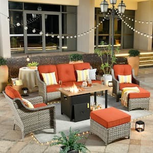 Eureka Grey 6-Piece Wicker Outdoor Patio Conversation Sofa Seating Set with a Storage Fire Pit and Orange Red Cushions