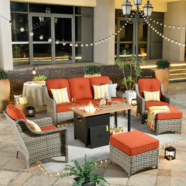 Toject Eureka Grey 6-Piece Wicker Outdoor Patio Conversation Sofa Seating Set with a Storage Fire Pit and Orange Red Cushions