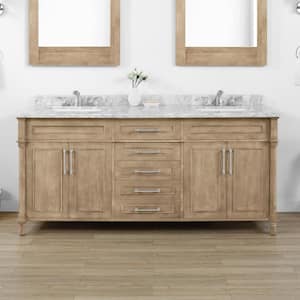Aberdeen 72 in. Double Sink Freestanding Antique Oak Bath Vanity with Carrara Marble Top (Assembled)