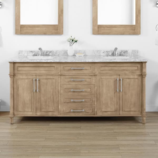 Home Decorators Collection Aberdeen 72 in. W x 22 in. D x 34.5 in. H Double Sink Bath Vanity in Antique Oak with Carrara Marble Top