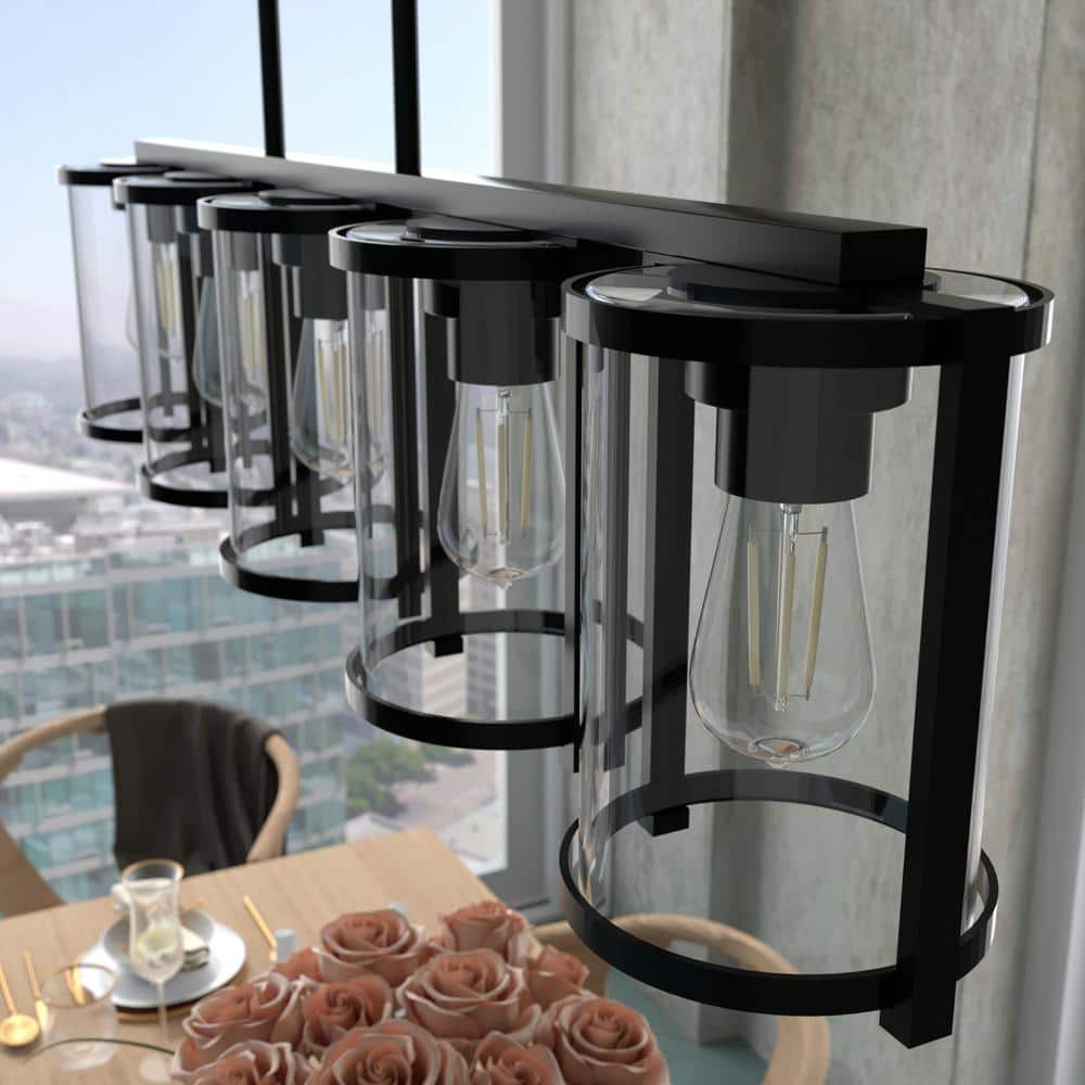 Matte Black Linear Chandelier with Clear Glass Shades
