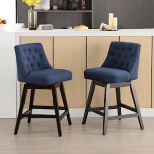 26 in. Blue Fabric Upholstered Counter Height Swivel Bar Stool with Tufted Backrest and Wood Frame (Set of 2)