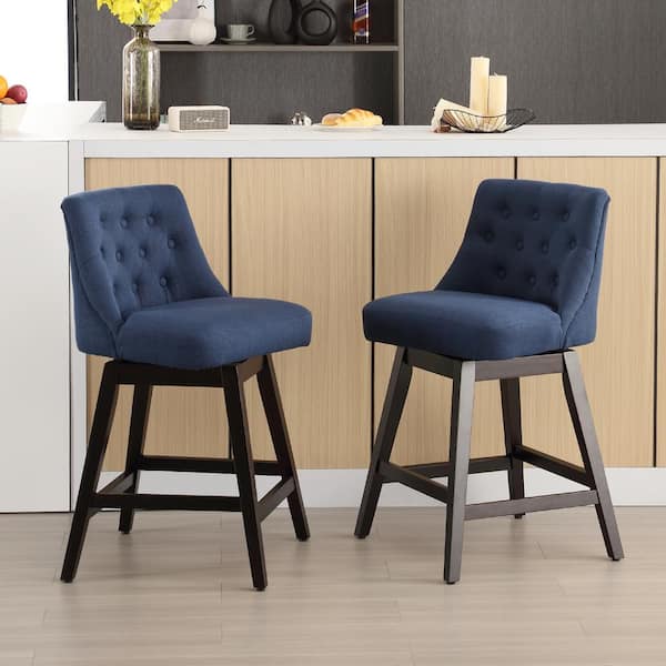 Hochwertiges 26 in. Blue Fabric Upholstered Counter Height Swivel Bar Stool with Tufted Backrest and Wood Frame (Set of 2)