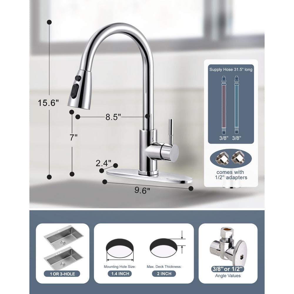 Polished Chrome Stainless Steel Pull Down Kitchen Faucet with Sprayer