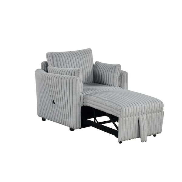 Gray Fabric Pull-Out Arm Chaise Lounge with USB Ports and 2 Accent Pillow Upholstery for Bedroom Living Room