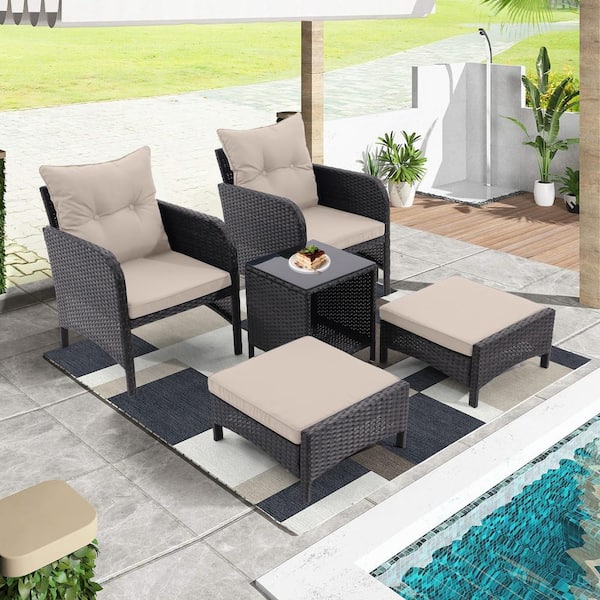 Runesay 5-Piece Wicker Outdoor Patio Conversation Furniture Set All Weather with Gray Cushions Armrest Ottomans Coffee Table