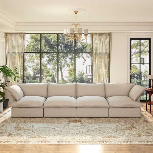 Convertible L-Shaped 163 in. Flared Arm Linen Pine Wood Modular Sofa Corner Cloud Couch in. Beige