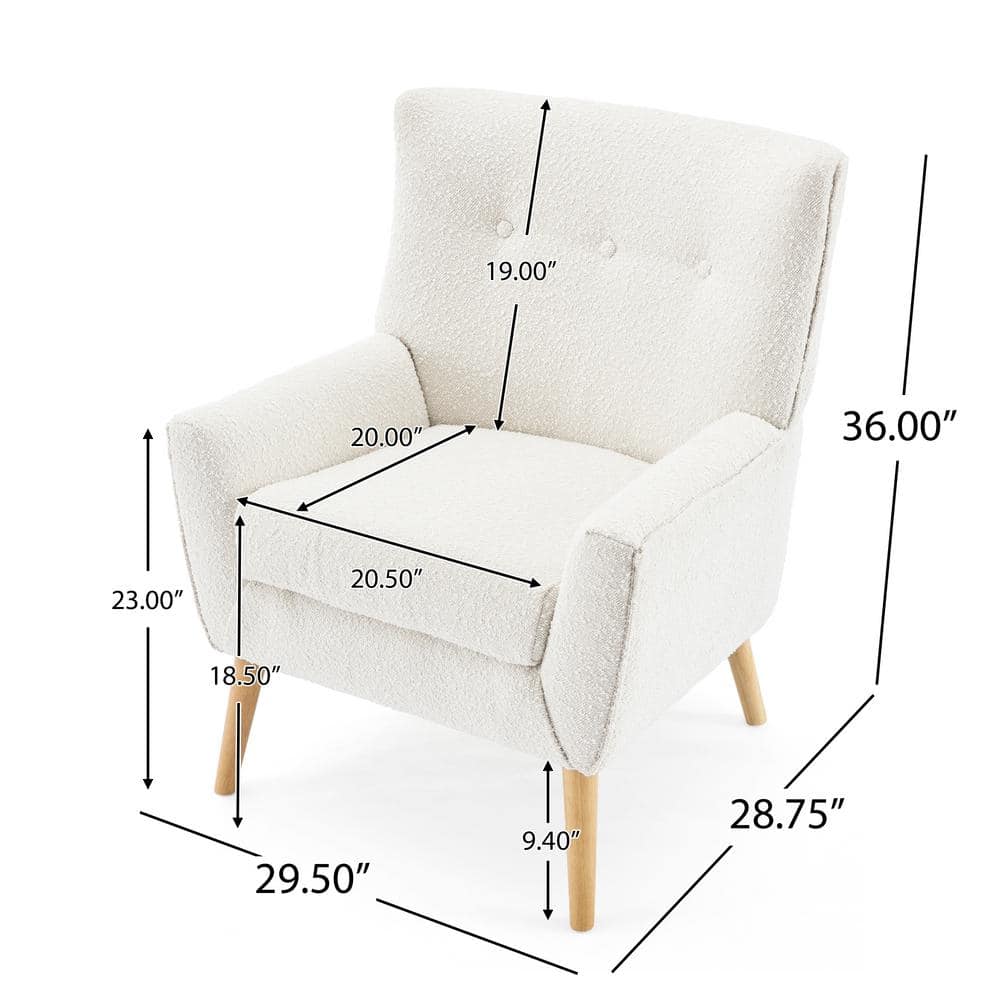 Contemporary White Boucle Upholstered Club Chair with Natural Wood Legs