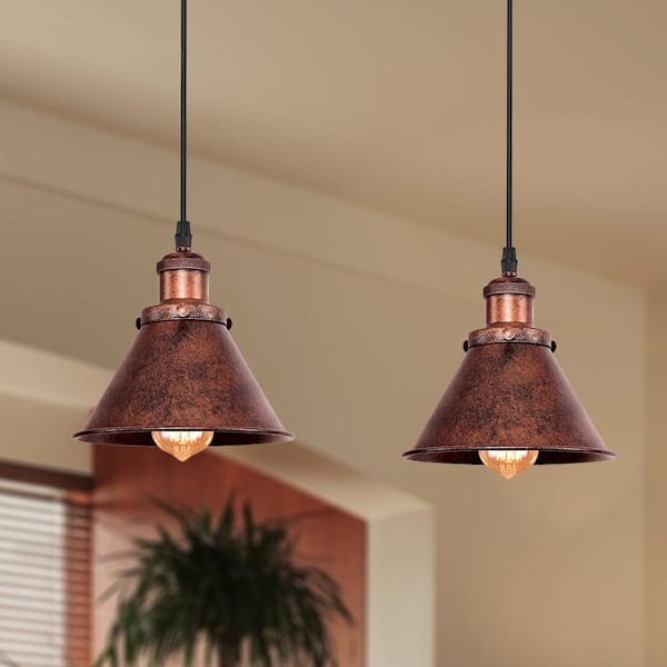HUOKU Barn 1-Light Antique Copper Cone Mini Pendant Light with Bell Metal Shade Dimmable Adjustable Hanging Barn Light(2-PCS)