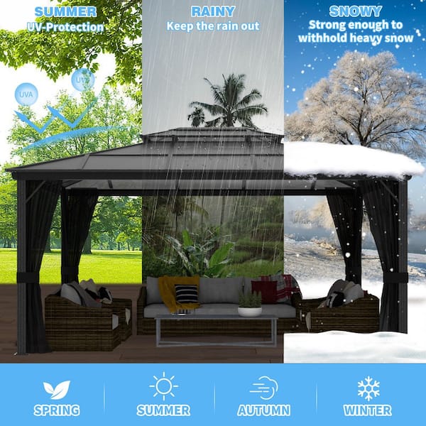 16 ft. x 12 ft. Aluminum Gazebo Polycarbonate Double Top Roof with Black Netting