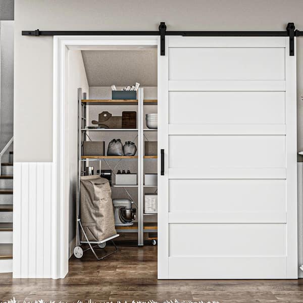 ARK DESIGN 48 in. x 84 in. Paneled 5-Lites White MDF with PVC Finished Sliding Barn Door Slab with Hardware Kit and Soft Close
