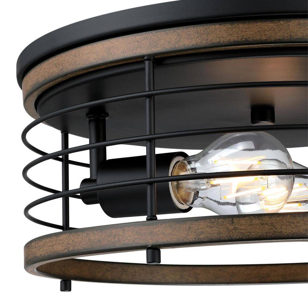 Matte Black and Barnwood 13" Flush Mount Drum Ceiling Light