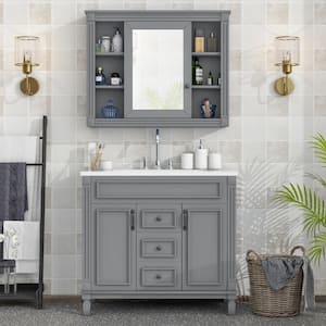36 in. W x 18 in. D x 33 in. H Single Sink Grey Freestanding Bath Vanity in White Resin Top Sink with Mirror Cabinet