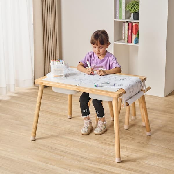 Sensory Table and Chairs Set, Toddlers Activity Table w/2 Stools 2 Storage Bins and Paper Roll Holder, Play Sand, Wooden