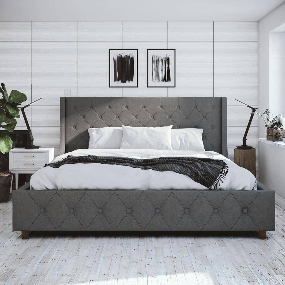 King Gray Linen Tufted Upholstered Bed with Metal Frame