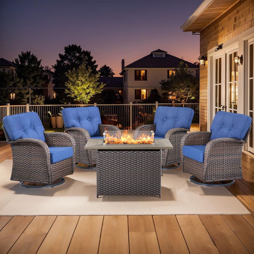 Brynn 5-Piece Wicker Patio Conversation Set with 50000 BTU Gas Fire Pit Table and Swivel Glider Chairs with Blue Cushion price history on PriceWatchPro