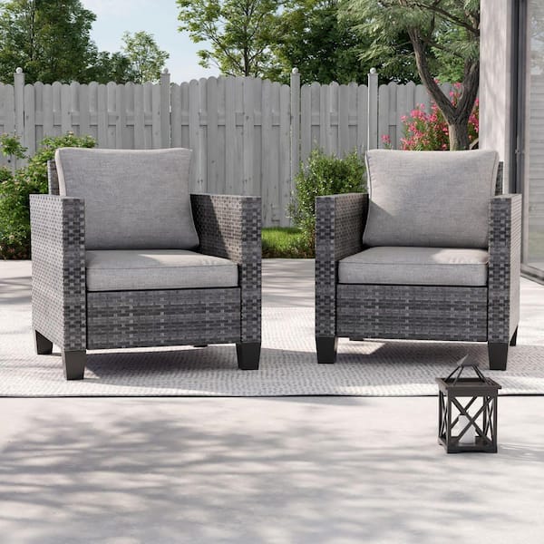 2-Pack Gray Wicker Patio Outdoor Single Sofa with Linen Grey Cushion