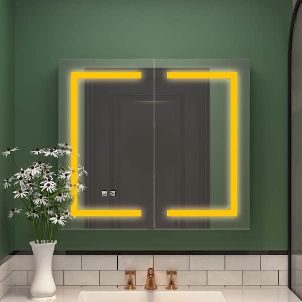 35.4 in. W x 31.5 in. H Frameless White Surface Mount Bathroom Medicine Cabinet with Mirror, Dimmable LED Lights