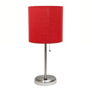 19.5 in. Brushed Steel/Red Contemporary Bedside USB Port Feature Standard Metal Table Desk Lamp
