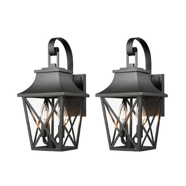 2 Pack 2 Light Outdoor Wall Coach Lantern Black Sconce Lighting Fixture with Clear Shade, E12, No Bulbs Included (D)