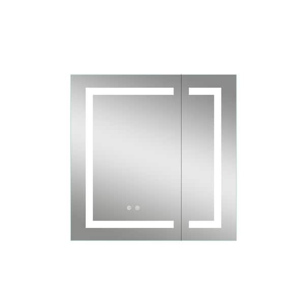 30 in. W x 30 in. H Square Silver Recessed/Surface Mount LED Medicine Cabinet with Mirror Defogger, Double Doors