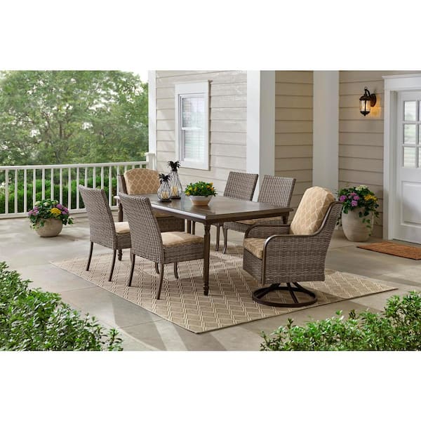 Hampton Bay Windsor 7-Piece Brown Wicker Rectangular Outdoor Dining Set with CushionGuard Toffee Trellis Tan Cushions