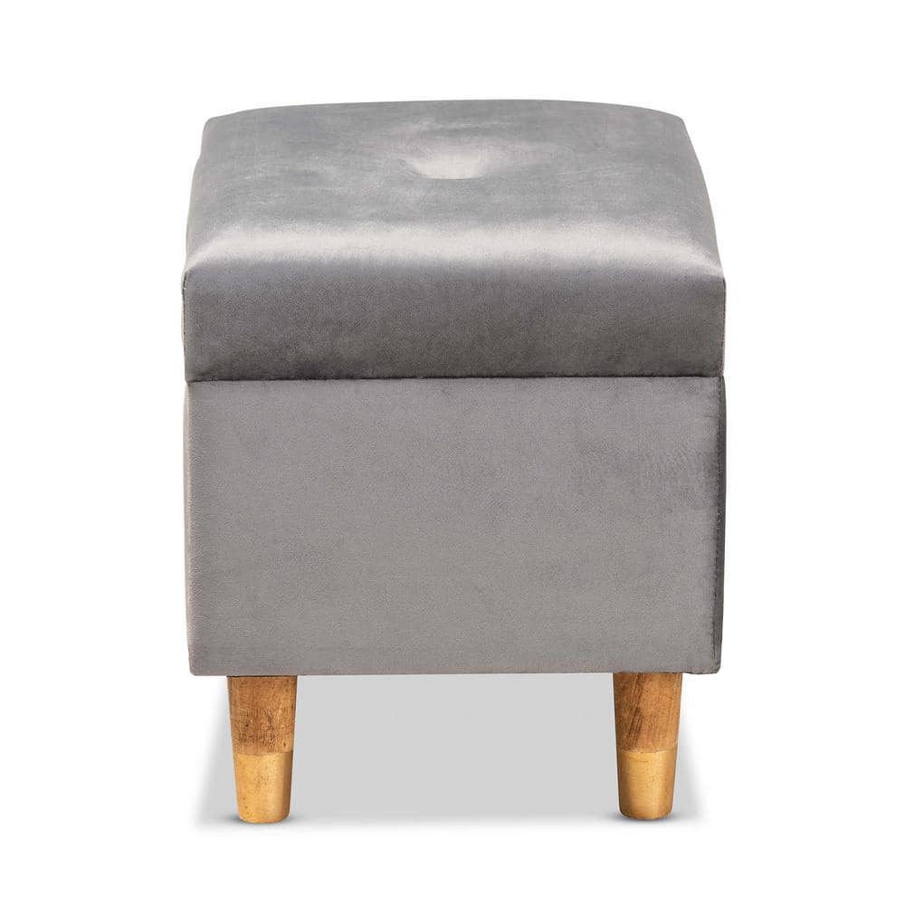 Elias Grey Velvet Upholstered Storage Ottoman with Oak Legs