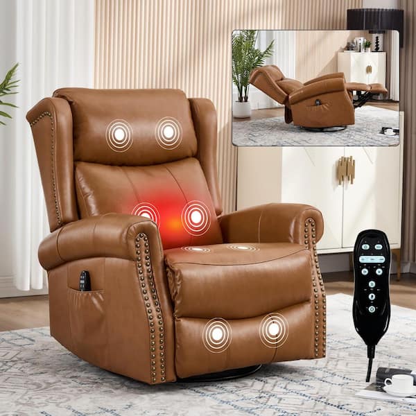 Light Caramel Genuine Leather Manual Swivel Glider Recliner Chair with Massage and Heat, Nailhead Trim, Side Pocket
