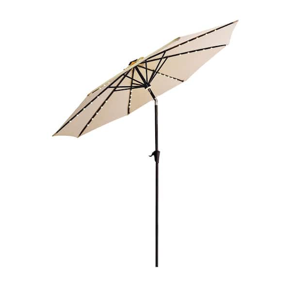 FLAME&SHADE 11 ft. Aluminum Market Solar Lighted Tilt Patio Umbrella with LED in Beige Solution Dyed Polyester