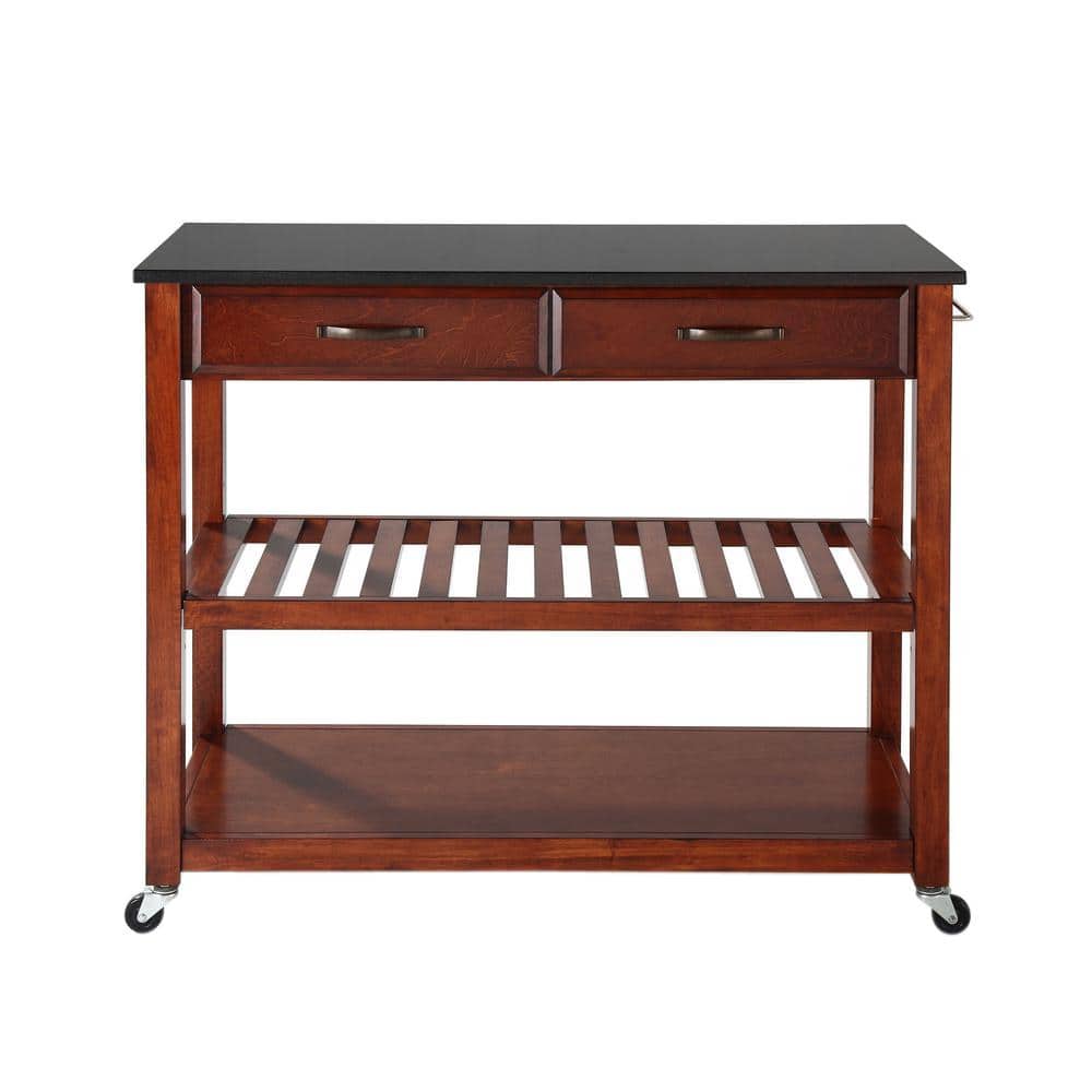 Cherry Wood Kitchen Cart with Black Granite Top and Wine Rack