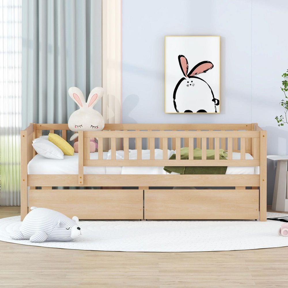 NaturalYellow Pine Wood Frame Twin Platform Bed with Two Drawers price history on PriceWatchPro