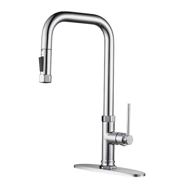 WOWOW Single Handle Pull Down Sprayer Kitchen Faucet in Polished Chrome with Deck Plate