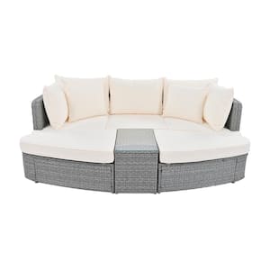6-Piece Wicker Patio Conversation Set, Outdoor Round Sofa Set with Beige Cushions and Coffee Table, Deep Seating
