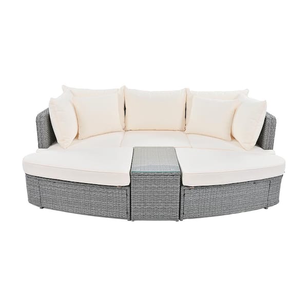 Sungrd 6-Piece Wicker Patio Conversation Set, Outdoor Round Sofa Set with Beige Cushions and Coffee Table, Deep Seating