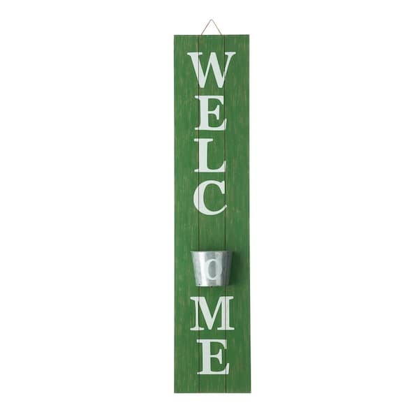 Glitzhome 42 in. H Wooden Washed Green WELCOME Porch Sign with Metal Planter