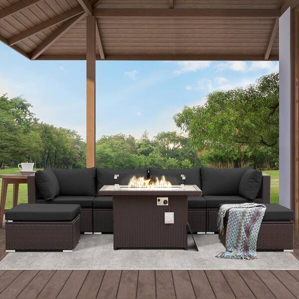 NICESOUL Large Size Espresso 7Piece Wicker Patio Fire Pit Conversation