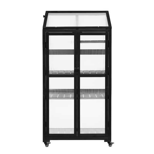 Zeus & Ruta 31.5x22.4x62in Wood Greenhouse Balcony Portable Cold Frame with Wheels and Adjustable Shelves for Outdoor Indoor, Black